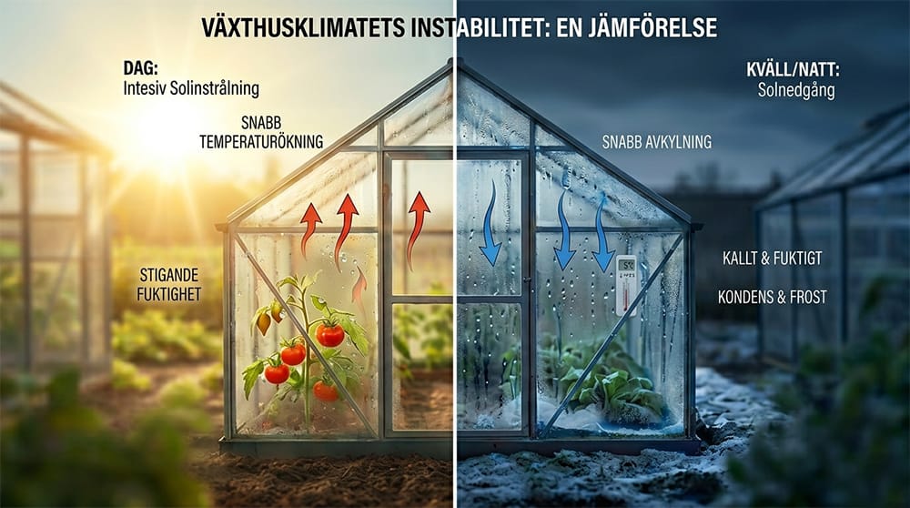 Växthus som visar skillnaden på dag och natt.