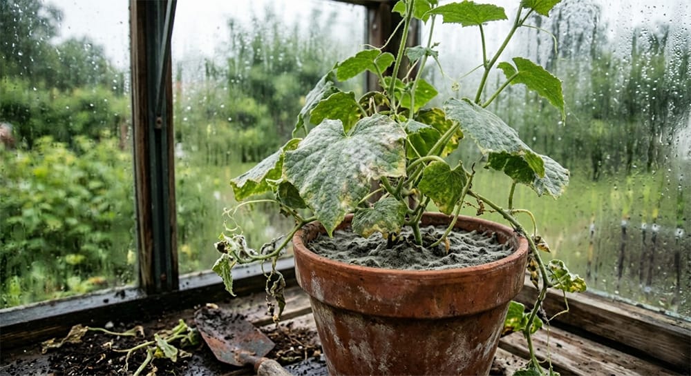 Gurkplanta med mögel i ett växthus.