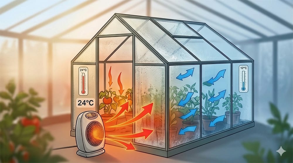 Illustration på ett växhus där man värmer på utifrån med en värmefläkt.